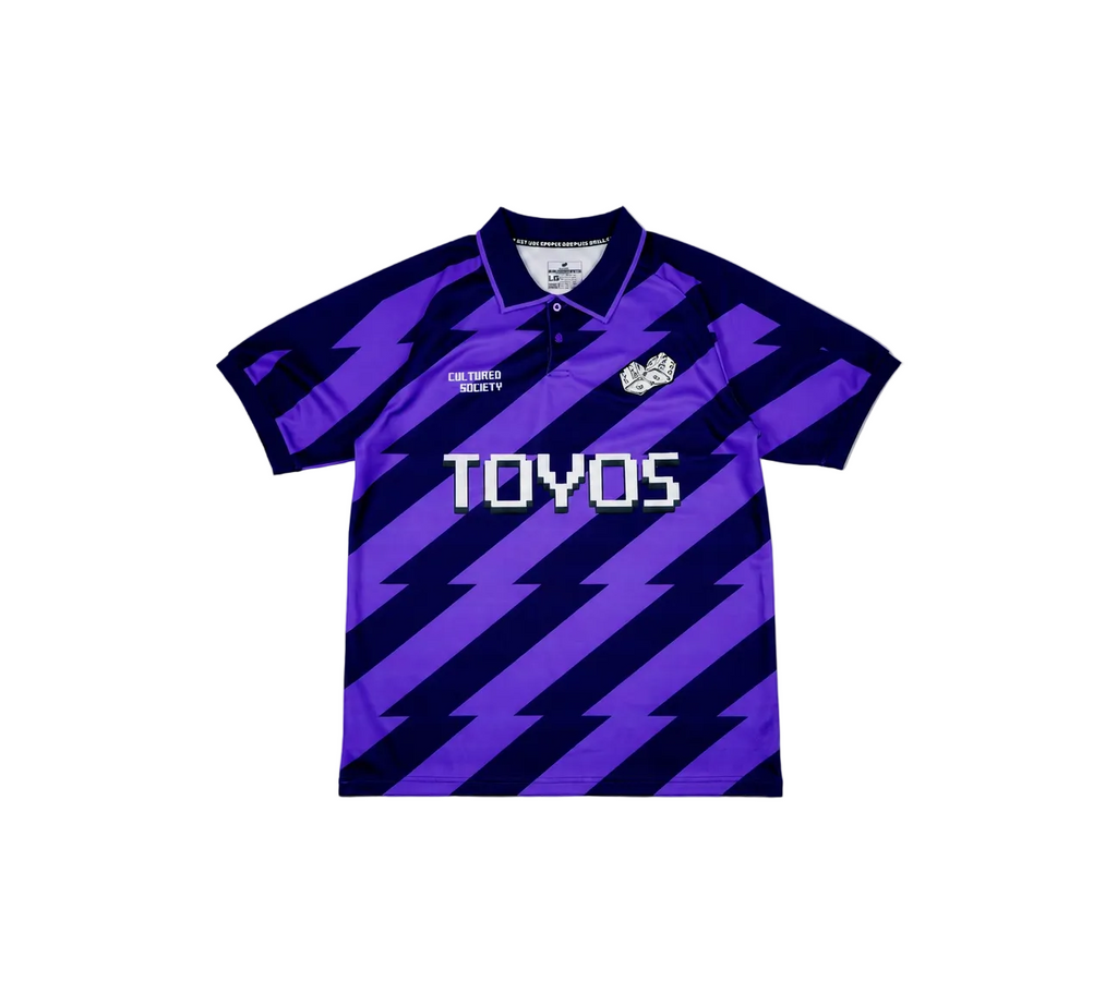 Purple striped polo shirt with 'TOYOS' branding on a white background