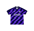 Purple striped polo shirt with 'TOYOS' branding on a white background