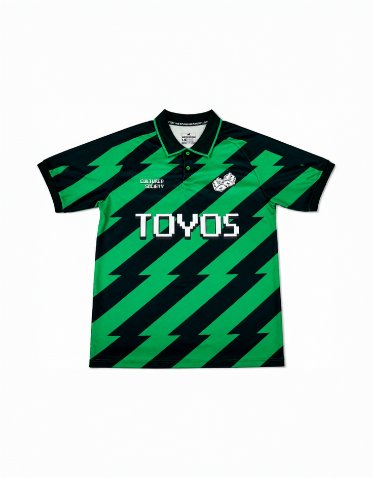 Green and black striped polo shirt with 'TOYOS' branding on a white background