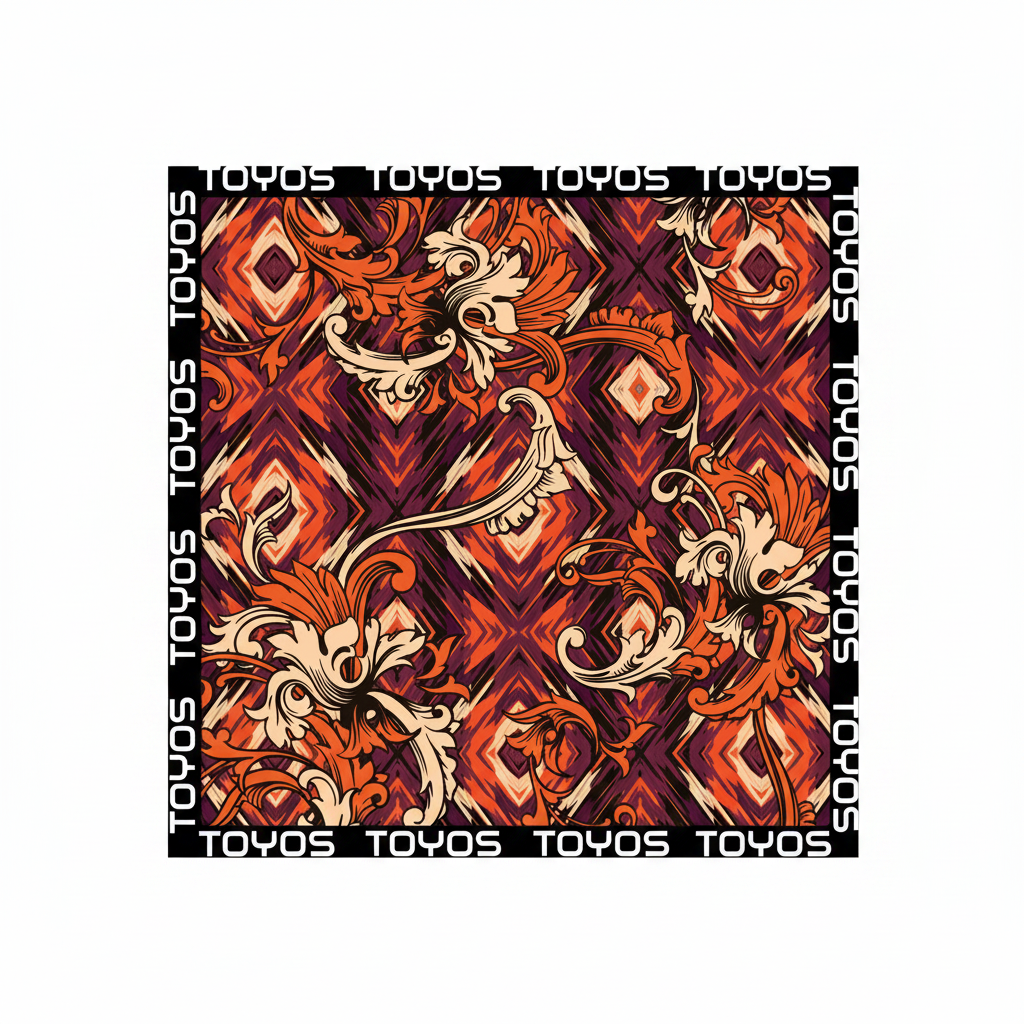 Decorative pattern with ornate designs and 'TOYOS' text on a red background